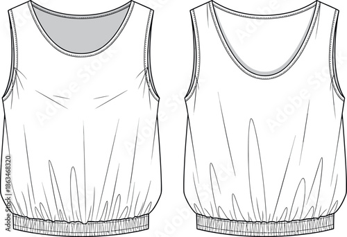White Technical Vector Illustration of a Women’s Sleeveless Bubble Hem Tank Top Fashion Flat Sketch with Elastic Waistband Detail Template