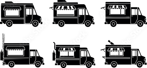 Food truck vector icons set in black silhouette style for street food business 