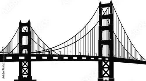 Suspension bridge silhouette vector illustration, iconic long span bridge structure with towers and cables, urban transportation landmark architecture design, black and white, isolated