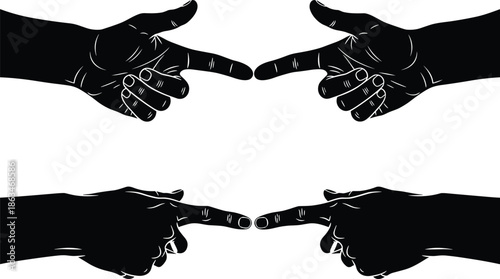 Silhouettes of Four Hands Pointing in Mirrored Pairs, Calm Mood, One-Panel Gesture and Interaction Vector Illustration Design