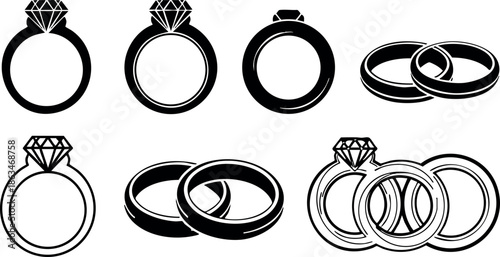 Wedding and Engagement Rings Vector Set with Diamonds and Bands for Marriage Symbols 