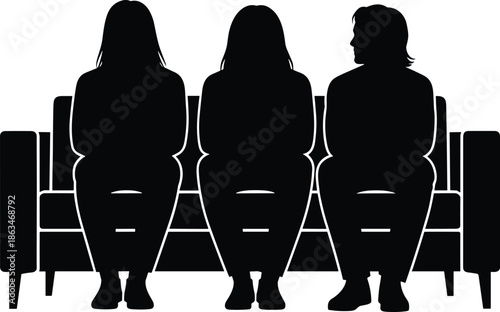Three people silhouettes sitting on sofa from back view, social dynamics, waiting room psychology, group behavior, relationships and interpersonal communication concept vector illustration