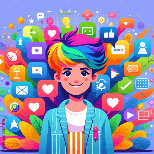 premium vector of Content creator character with bright social media icons
