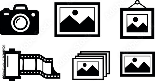 Photography camera film photo frame picture vector icons set simple design 