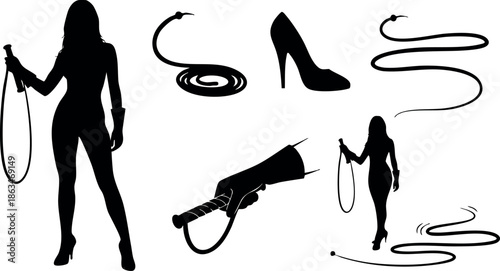 Silhouettes of woman holding whip with whip coil and high heel shoe vector illustration 