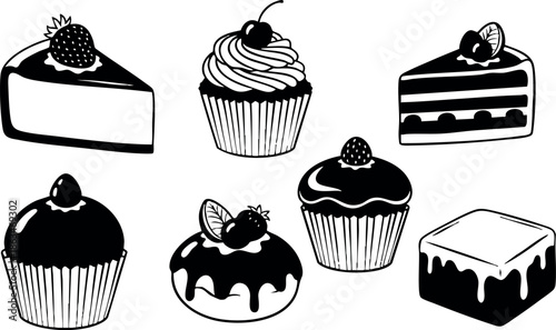 Assorted classic black and white dessert cakes and cupcakes vector illustration 