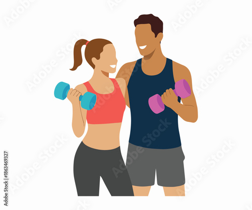 Fitness couple exercising with dumbbells, flat vector illustration