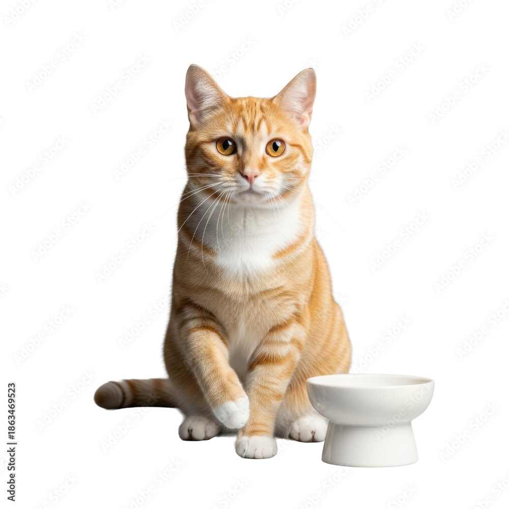 Obraz premium Adult orange tabby cat with vivid amber eyes and white chest, elegantly poised with lifted paw, next to a minimalist white ceramic bowl on a solid gray background, clean product shot concept