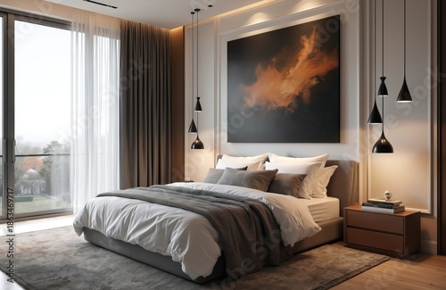 Elegant master bedroom features large bed with white linens, grey throw. Modern art hangs above, three pendant lights illuminate room. Wide window shows green landscape, balcony view. Comfortable