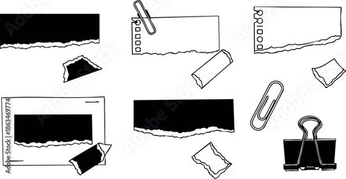 Office supplies with torn paper sheets and binder clips vector illustration in black and white 