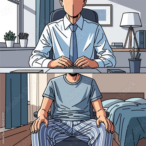 Professional vs casual remote work attire split screen illustration