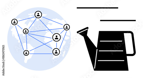 Network of people connected across continents over a globe with lines and nodes, paired with a watering can symbolizing growth. Ideal for collaboration, teamwork, global networking, sustainability
