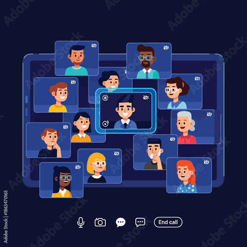 Remote worker multitasking with video conference windows vector