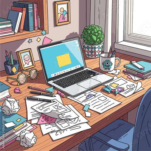 Messy desk workspace with laptop and papers illustration