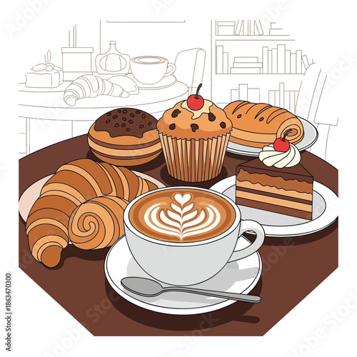 Coffee and pastries on cafe table, breakfast vector illustration