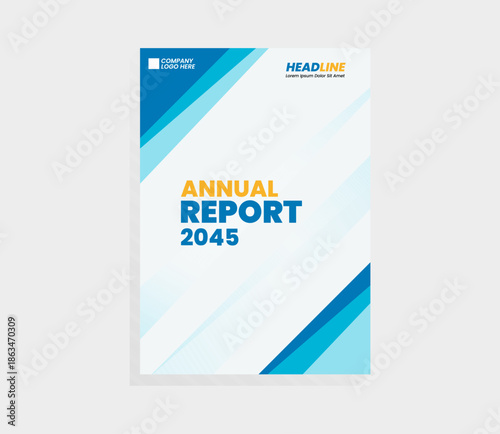 A sleek corporate cover featuring sharp diagonal blue geometric shapes, yellow typography, and a clean minimalist layout.