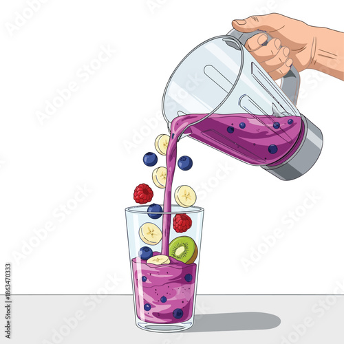 Pouring berry fruit smoothie from blender into glass with fruit