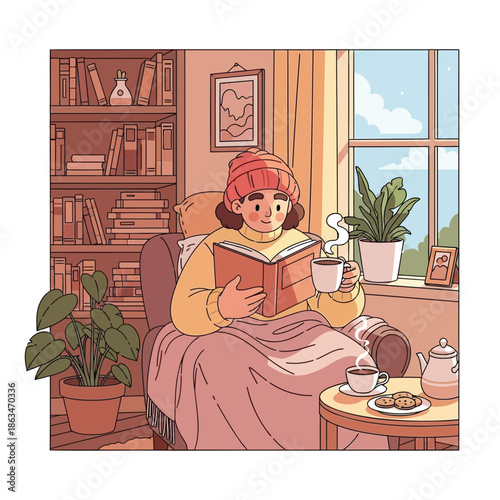Woman reading book in cozy living room with tea and cookies