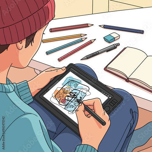 Digital artist drawing on tablet with stylus and creative supplies