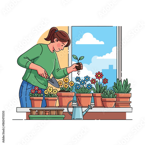 Woman gardening indoor plants on windowsill at home in the morning