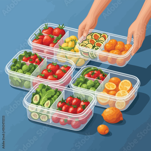 Meal prep with healthy vegetables and fruit in plastic containers