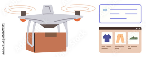 E-commerce, online retail, package delivery, logistics, quadcopter technology, innovation. Quadcopter carrying a box alongside screens showing shopping items. Package delivery and e-commerce concept