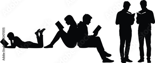 Silhouettes of People Reading Books in Relaxed and Varied Poses, Calm Mood, One-Panel Literacy Vector Illustration Design