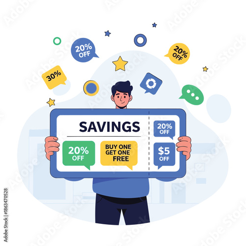 Man holding savings coupon for discounts and retail promotion
