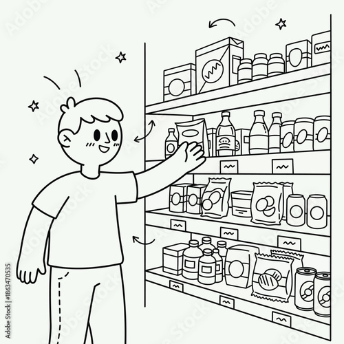 Child choosing grocery products from pantry shelf outline illustration