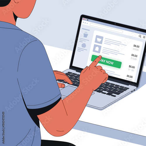 Person clicking pay now button for online checkout on laptop