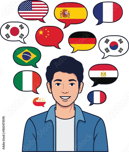 Young man speaking different languages with flag speech bubbles