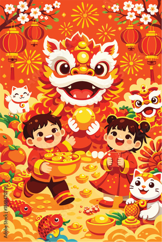 Chinese New Year Lion Dance Festival Illustration