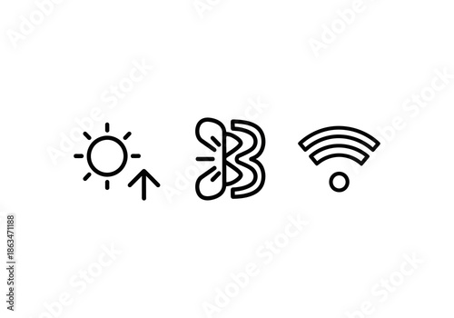 Wireless network icon Black and White Line Art Icons - Sun, Wind Turbine, and WiFi Signal.