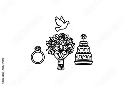 Vector illustration of an abstract background Black and white line art icons for a wedding - diamond ring, rose bouquet, tiered cake, and a flying dove.