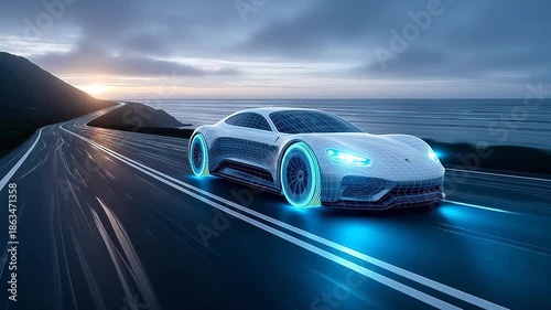 Futuristic car on coastal road