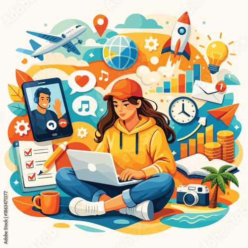 Digital Nomad Working With Laptop Illustration