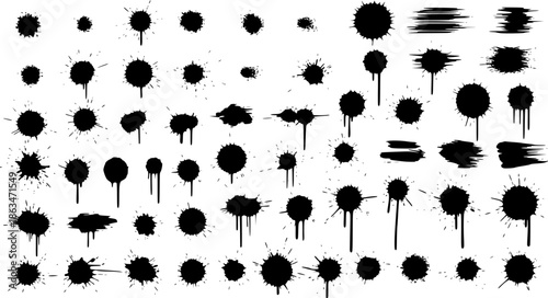 Big set of blots and vector abstract elements. Black inked splatter dirt stain splattered spray splash with drops blots isolated. Ink splashes stencil. Drops blots isolated.