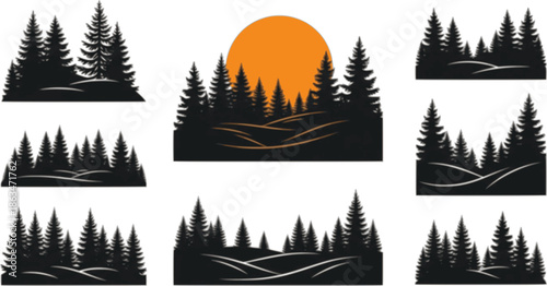 forest landscape with fir trees and orange sun vector silhouette set. forest landscape vector silhouette. forest silhouette vector
