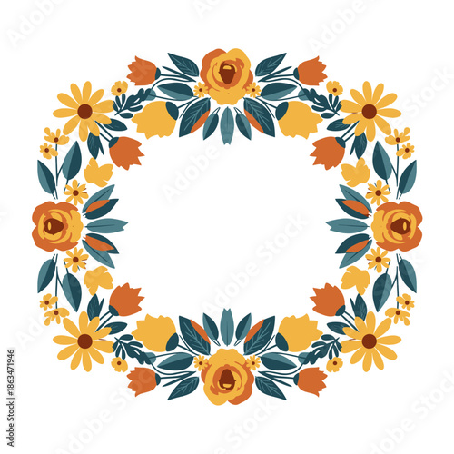 Floral Frame with Yellow Flowers, Teal Leaves - Vector Illustration