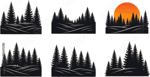forest landscape with fir trees and orange sun vector silhouette set. forest landscape vector silhouette. forest silhouette vector
