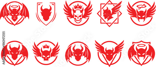 Devil emblem set of red winged devil faces skull crowns halos shields and geometric badge icons, devil, emblem, wings