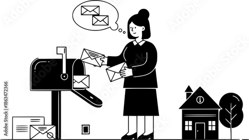 Woman getting letter and checking post box. Sending mail and post correspondence delivery. Getting messages and information concept. Flat vector illustration