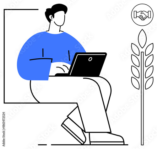 Remote work. Professional working remotely with laptop collaboration and technology. Remote work promotes teamwork in agriculture and sustainable practices. For business, technology, farming