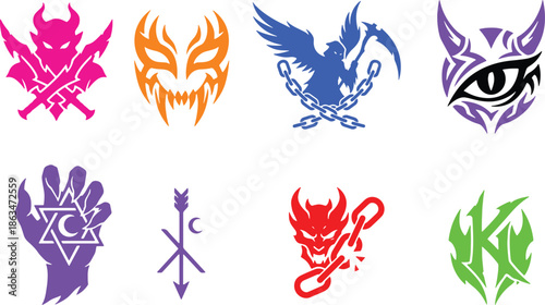 Gaming Icon Collection in Flat Vector Style - demon, mask, tribal, esports, reaper