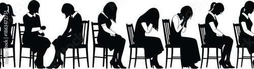 Silhouettes of People Sitting with Bowed Heads in Reflective Posture, Calm Mood, One-Panel Emotional State Vector Illustration Design
