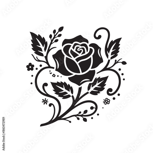  Elegant Rose Flower Silhouette With Decorative Leaves And Swirls For Floral Design.