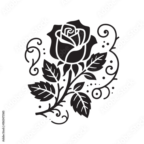  Elegant Rose Flower Silhouette With Decorative Leaves And Swirls For Floral Design.
