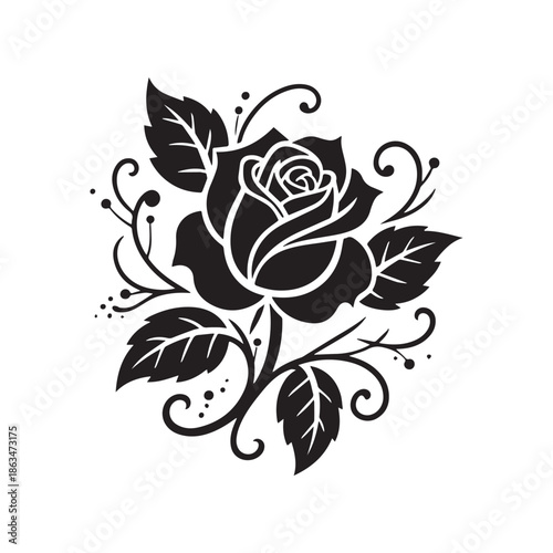  Elegant Rose Flower Silhouette With Decorative Leaves And Swirls For Floral Design.