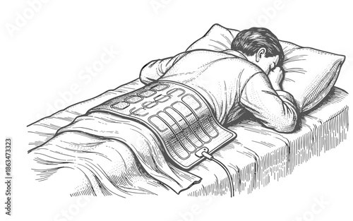 Man resting on bed with heating pad for relief from pain, the patient is lying down