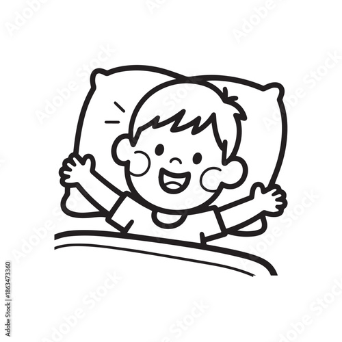 Happy Little Boy Waking Up Stretching In Bed Black And White Outline.